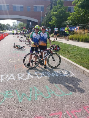 With cancer survivor Mike Paradowski at the start of the Peloton Ride 2021