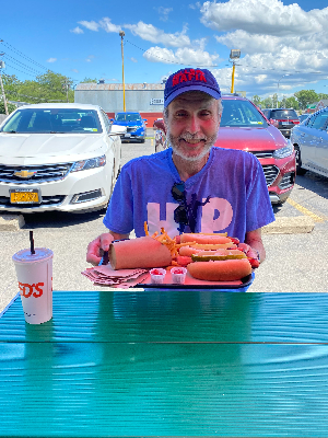 Greg enjoying a local favorite - Teds Hot Dogs