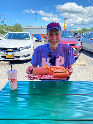 Greg enjoying a local favorite - Teds Hot Dogs